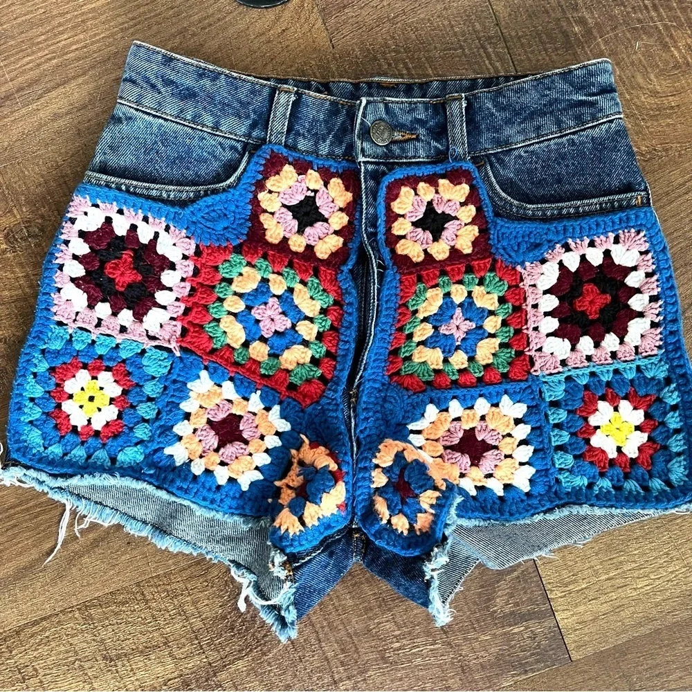 FARM Rio Multicolor Crochet Patchwork Jean Shorts